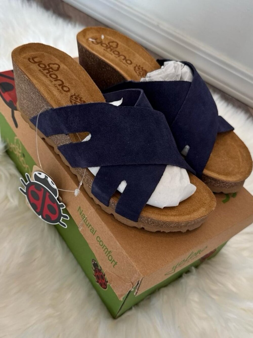 Yokono Navy Suede Cross Strap Wedge Sandals 7.5 Made in Spain